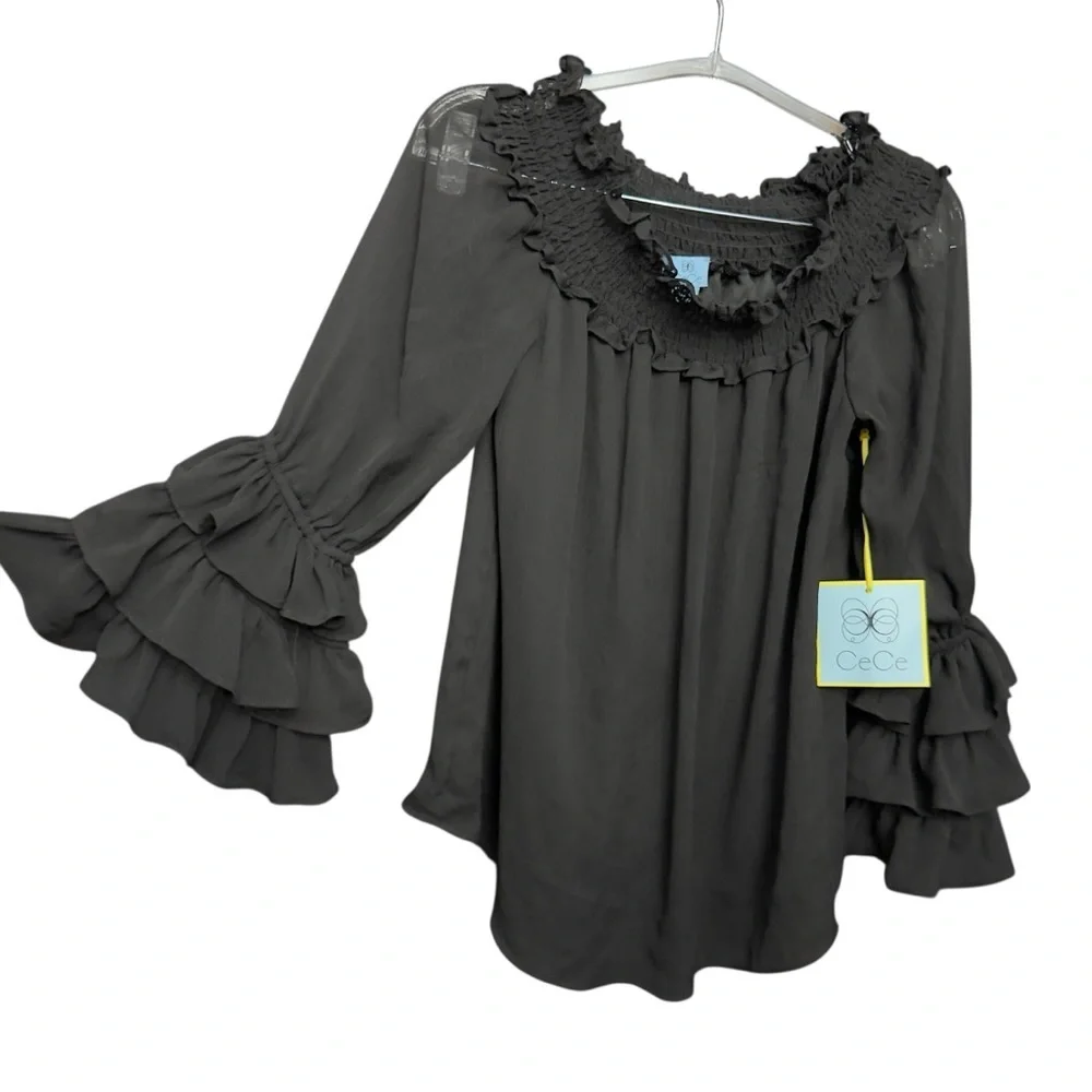 CeCe XS Black Smocked Neck Ruffle Sleeve Blouse Top NWT - Picture 2 of 8
